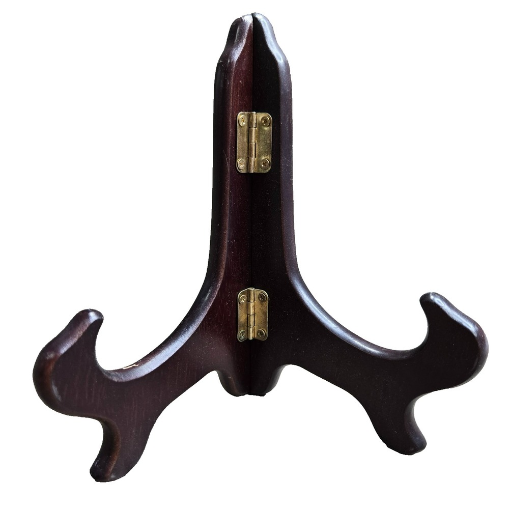 Vintage Dark Brown Wooden Folding Display Stand Plate Bowl Picture Easel 6 Inch